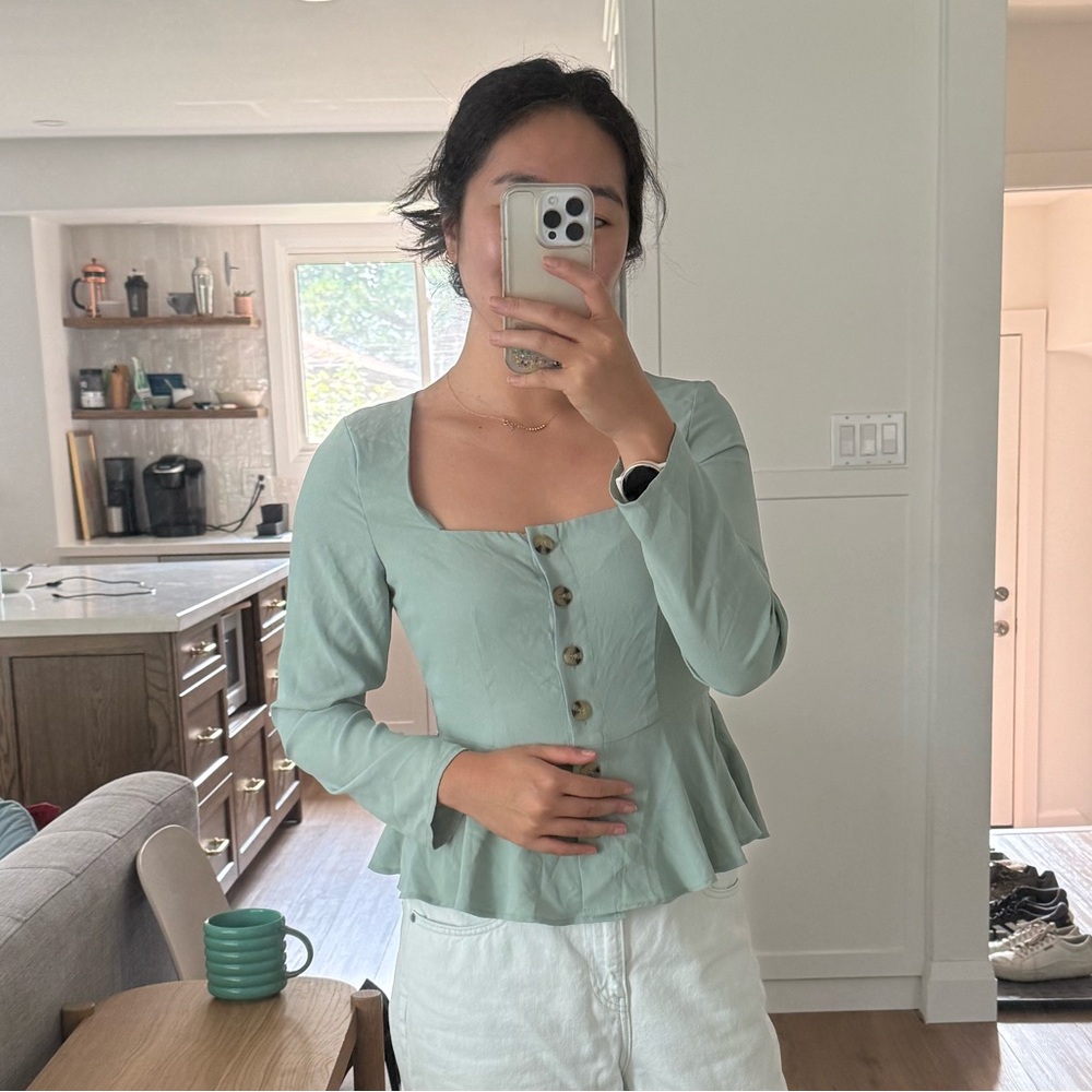 H&M Mint Green Button-Up Peplum Top - small